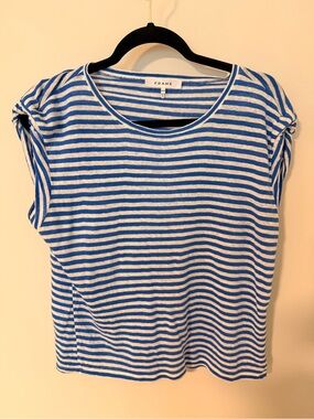 Frame Denim Blue & White Striped Cap Sleeve Tee